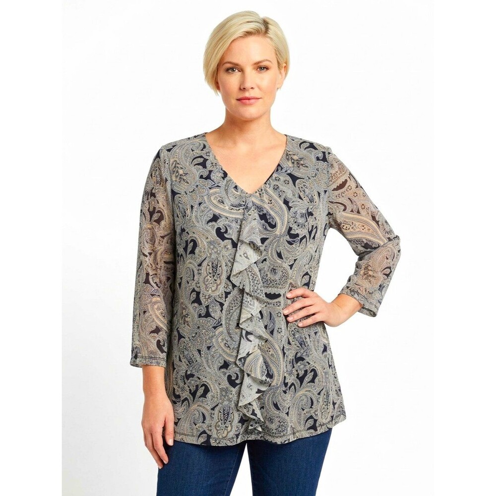 Croft & Barrow Womens Top 3X Gray Paisley MESH Lined Ruffle V-Neck 3/4 Slv Boho